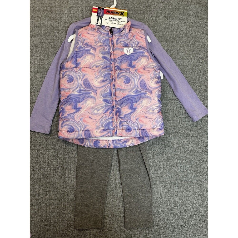 New! Girl's Hurley 3pc Shirt Vest Pants Outfit Size 4 T